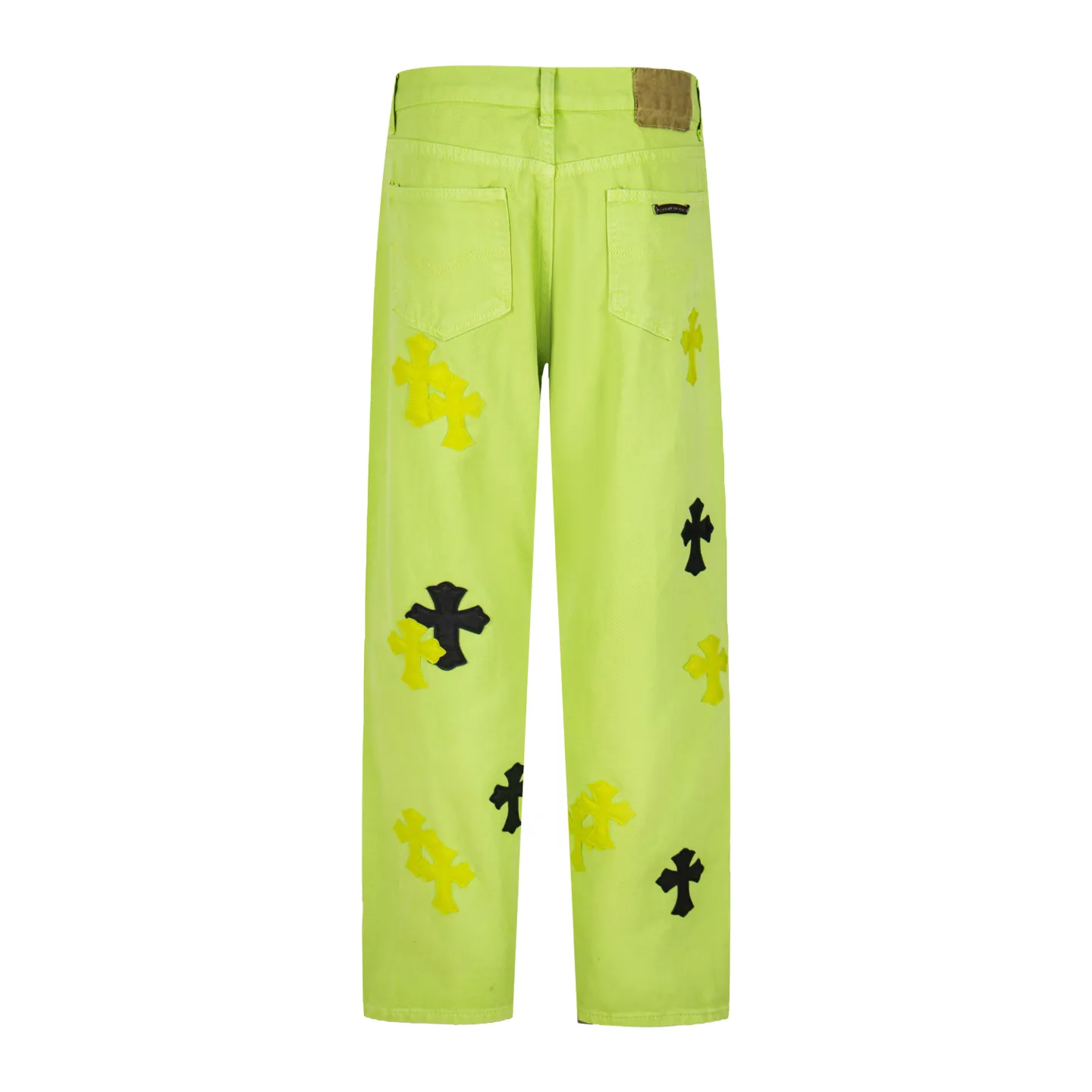 P250 Chrome Hearts dopamine green denim and black and yellow leather couple jeans are a hot trend this season and are sought after by countless celebrities and fashionistas. The neat details of the cutting process add color to the playful fashion! The neat and meticulous design, and the well-fitting structure is unique. The upper body not only has outstanding recognition, but also looks younger and younger. A style with the ultimate wearing meaning and performance, gorgeous color matching, and the craftsmanship of this style is also extremely extraordinary. After the finished product is washed, it is disassembled and hand-made with sheepskin cross leather and then spliced ​​together to complete. The whole piece has too many craftsmanship to describe. It is decorated with patchwork cross flowers and high-waisted washed jeans! ! Absolutely high-end luxury product, a god-level single product, a super popular product, made by top heavy industry, a magic weapon that cannot be missed to hit the streets. Style number: 1829# Size: 28 30 32 34 Color: green